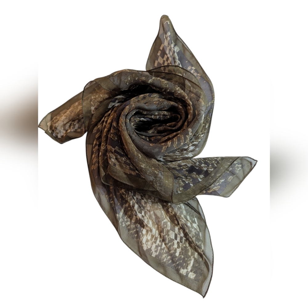 🤎 Adrienne Vittadini 100% Silk Scarf Neutral Geometric Print | Quiet Luxury - Picture 4 of 7